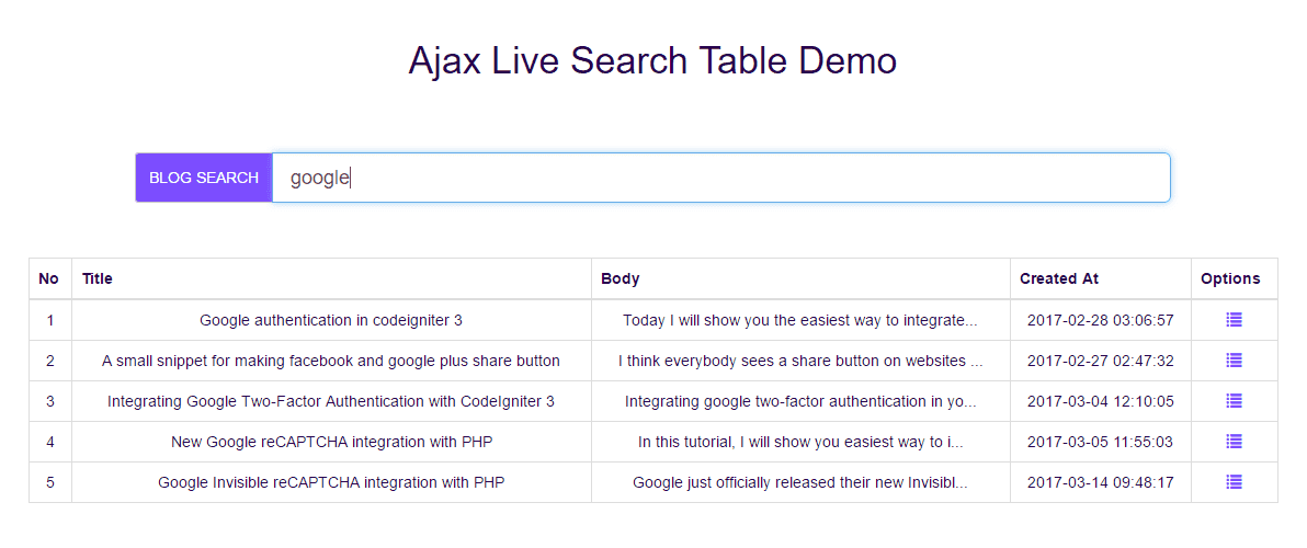 Ajax Live search table laravel demo